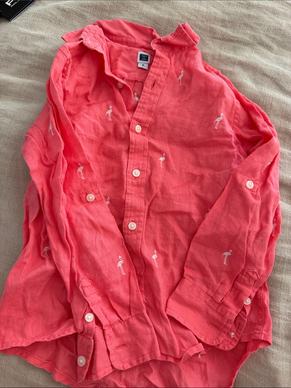 Janie and Jack Coral Button-Up Shirt with White Flamingo Motif